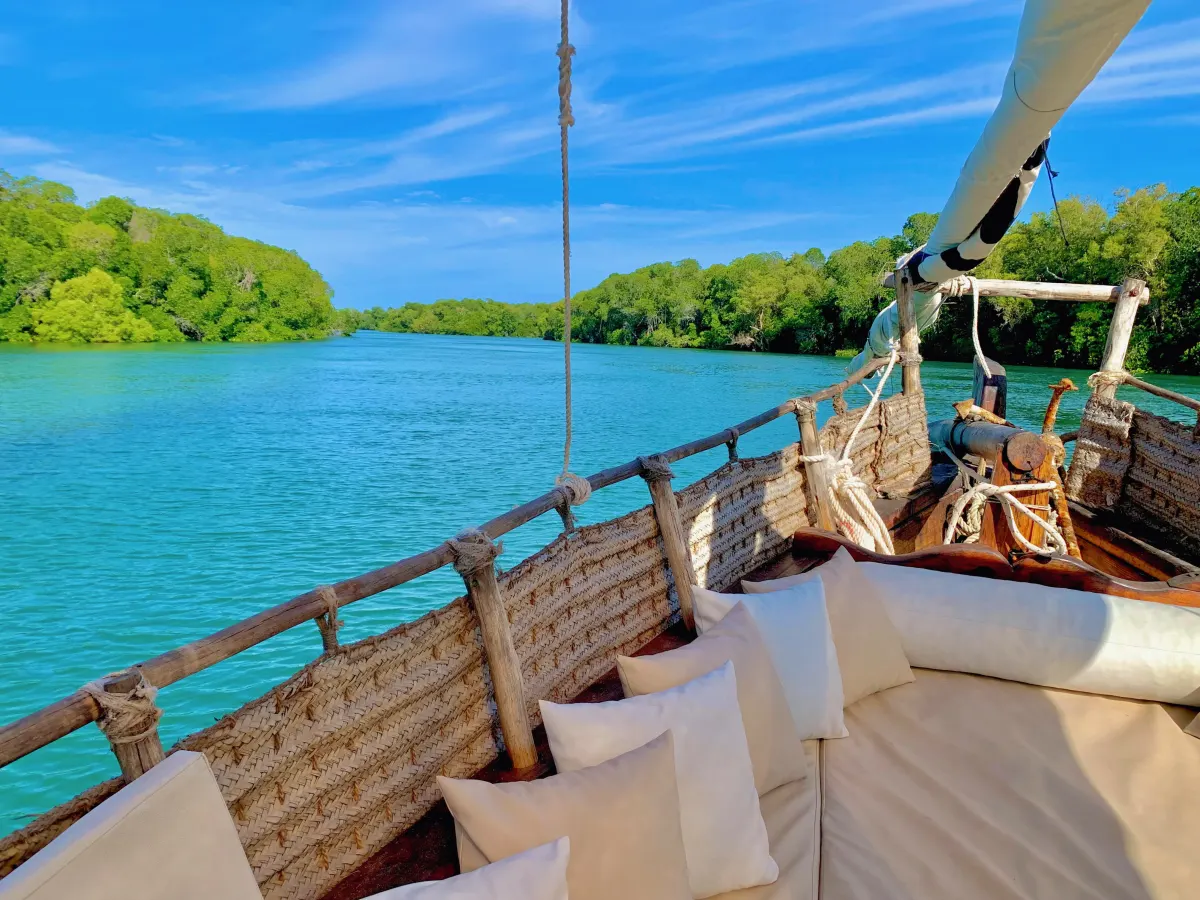 The cushioned bow of a traditional dhow under sail through the mangrove channel