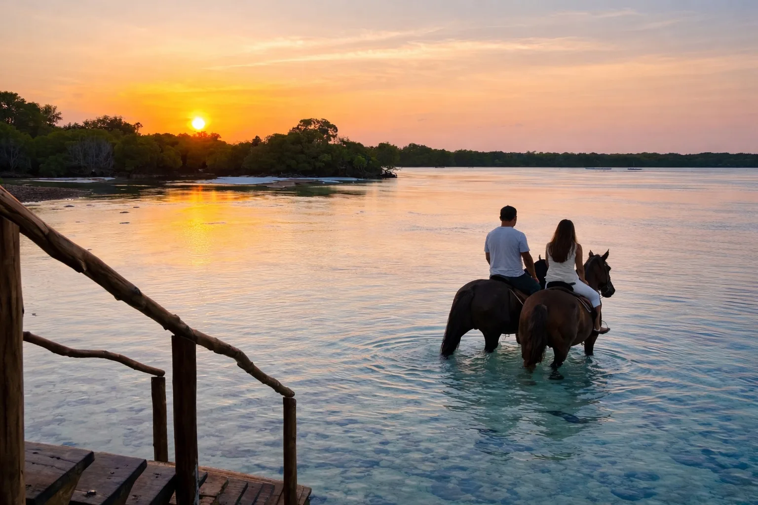Two riders out in the shallow water of Mida Creek at sunset