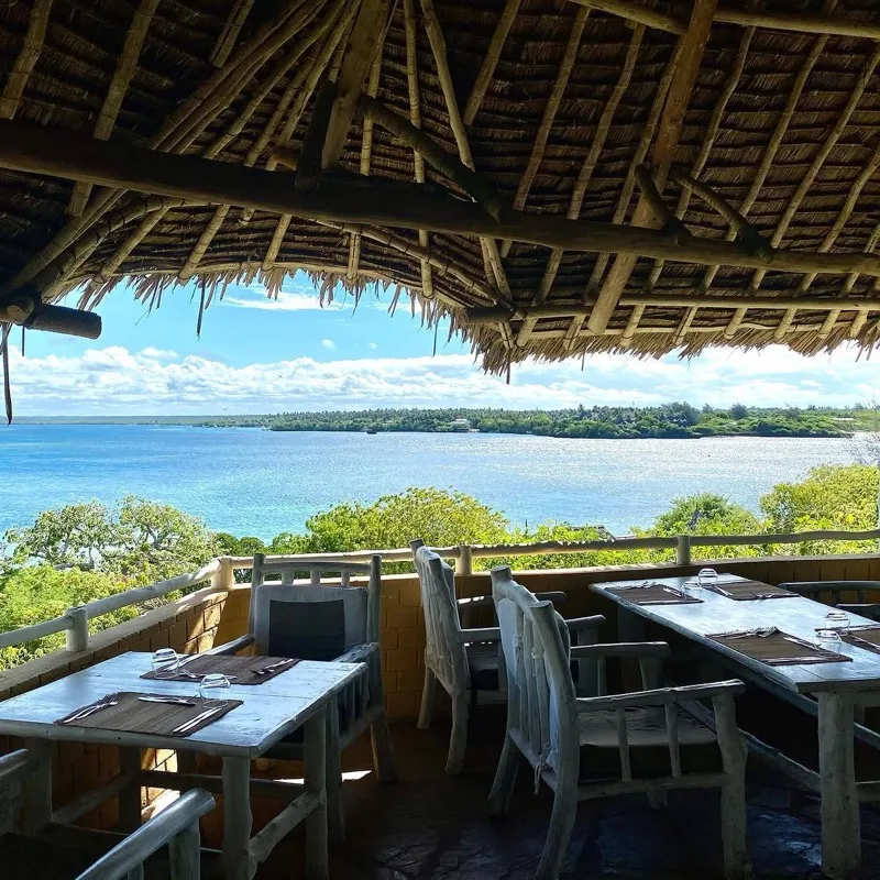 The panoramic thatched lounge terrace of the restaurant with near 360-degree sea views